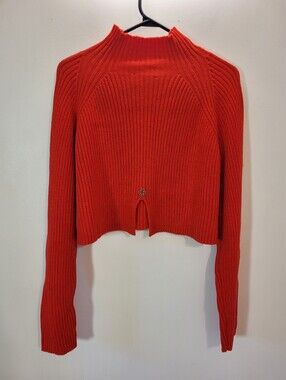 Maje Red Ribbed Cropped Mock Turtleneck Cropped Flowy Sweater - Size 42